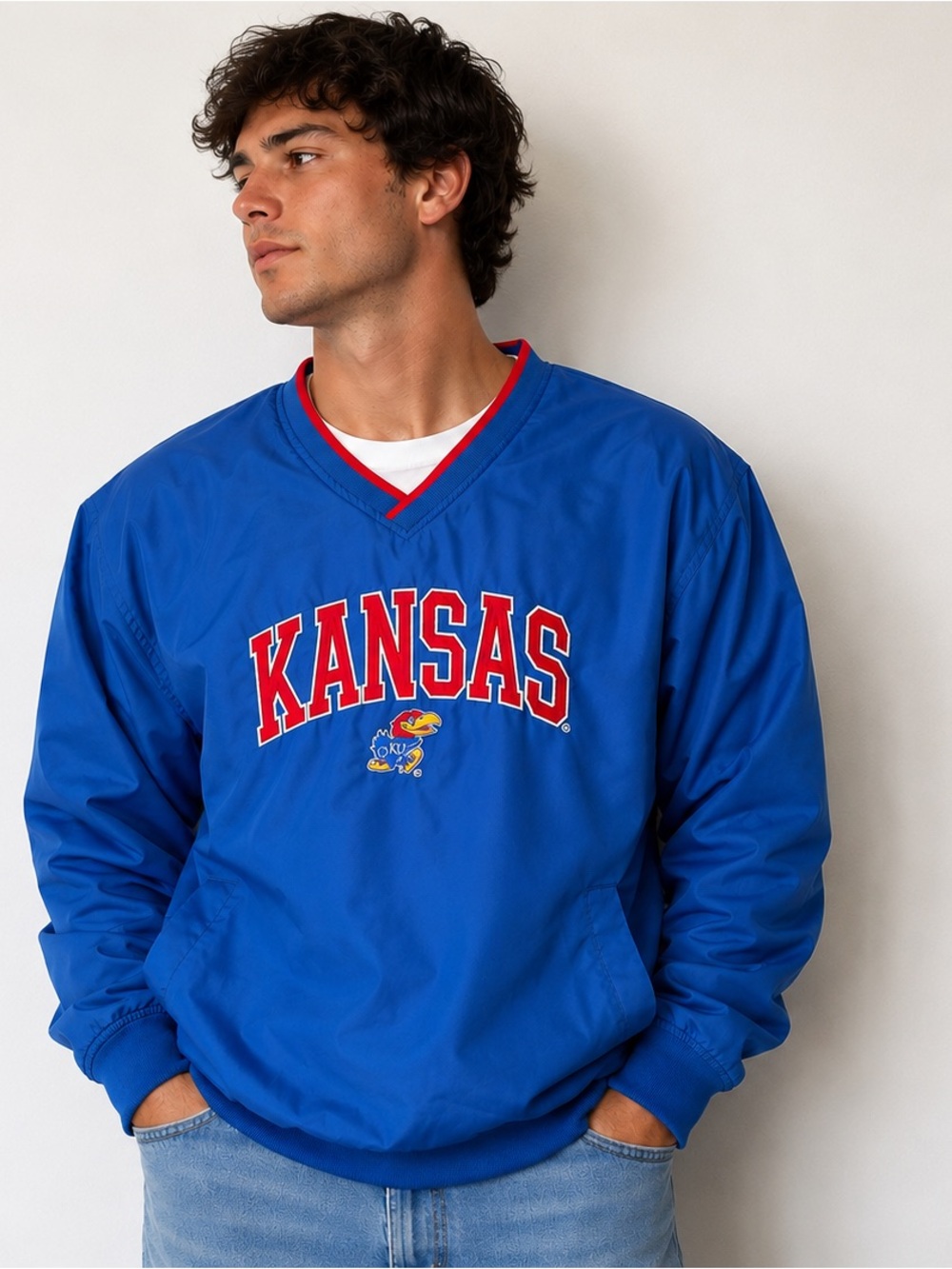 Kansas Jayhawks KU NCAA Vintage Style Blue Pullover Windbreaker Jacket XXL